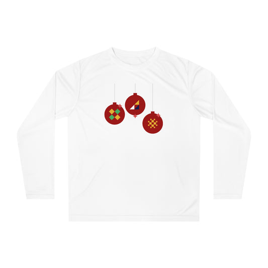 Christmas Ornament Performance Long Sleeve Shirt — Red Holiday Baubles Design