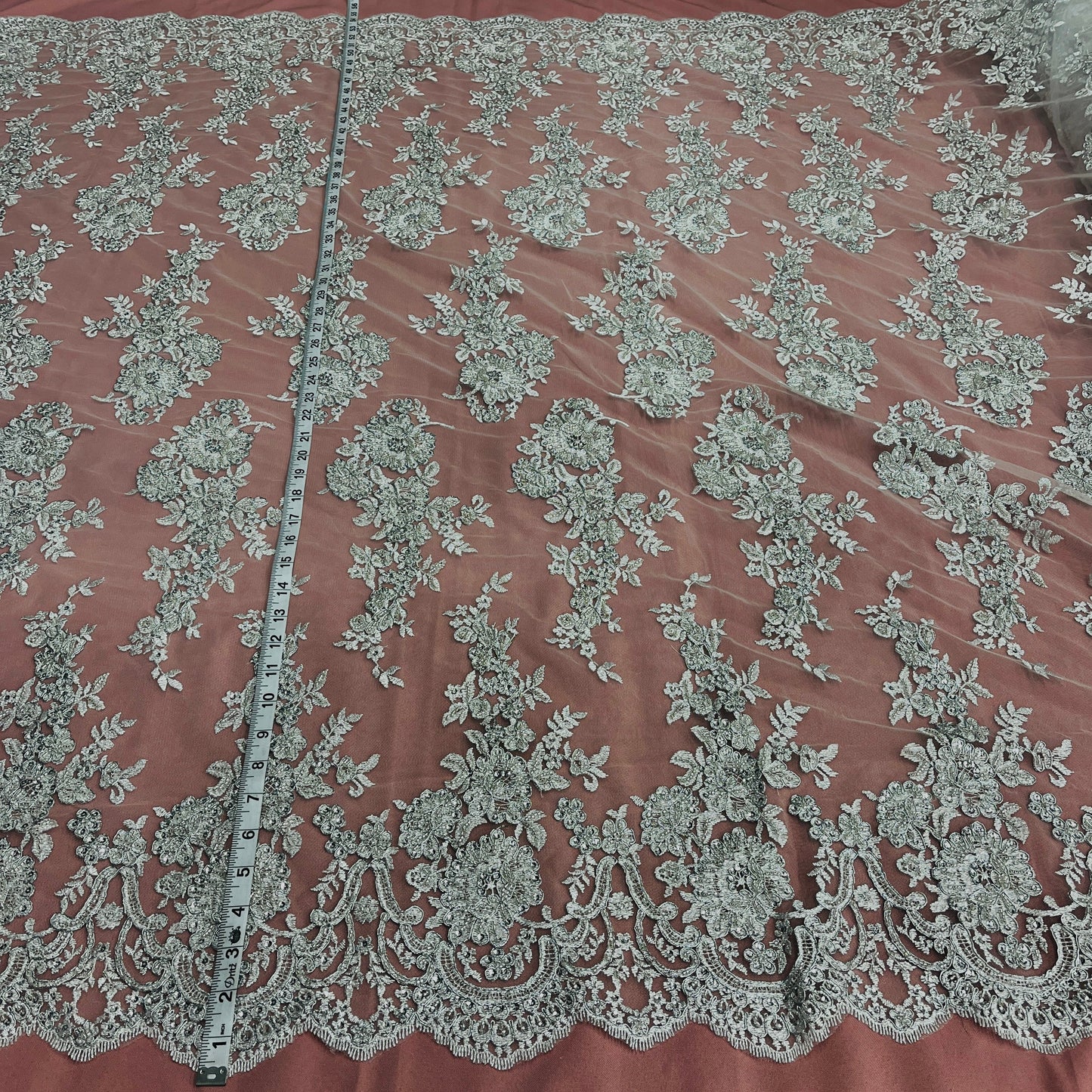 Beaded & Corded Bridal Lace Fabric Embroidered on 100% Polyester Net Mesh | Lace USA - 96989W-HB-0