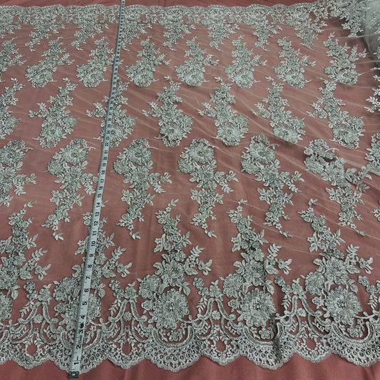 Beaded & Corded Bridal Lace Fabric Embroidered on 100% Polyester Net Mesh | Lace USA - 96989W-HB-0
