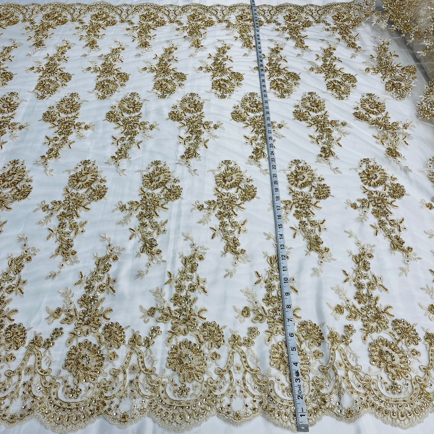 Beaded & Corded Bridal Lace Fabric Embroidered on 100% Polyester Net Mesh | Lace USA - 96989W-HB-5