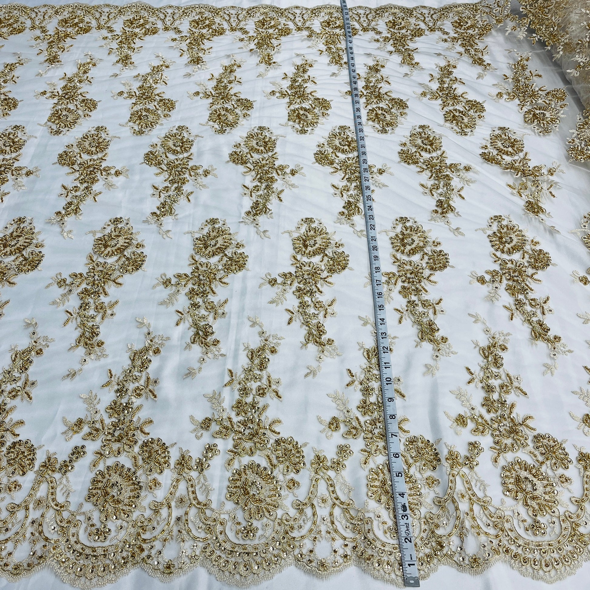 Beaded & Corded Bridal Lace Fabric Embroidered on 100% Polyester Net Mesh | Lace USA - 96989W-HB-5