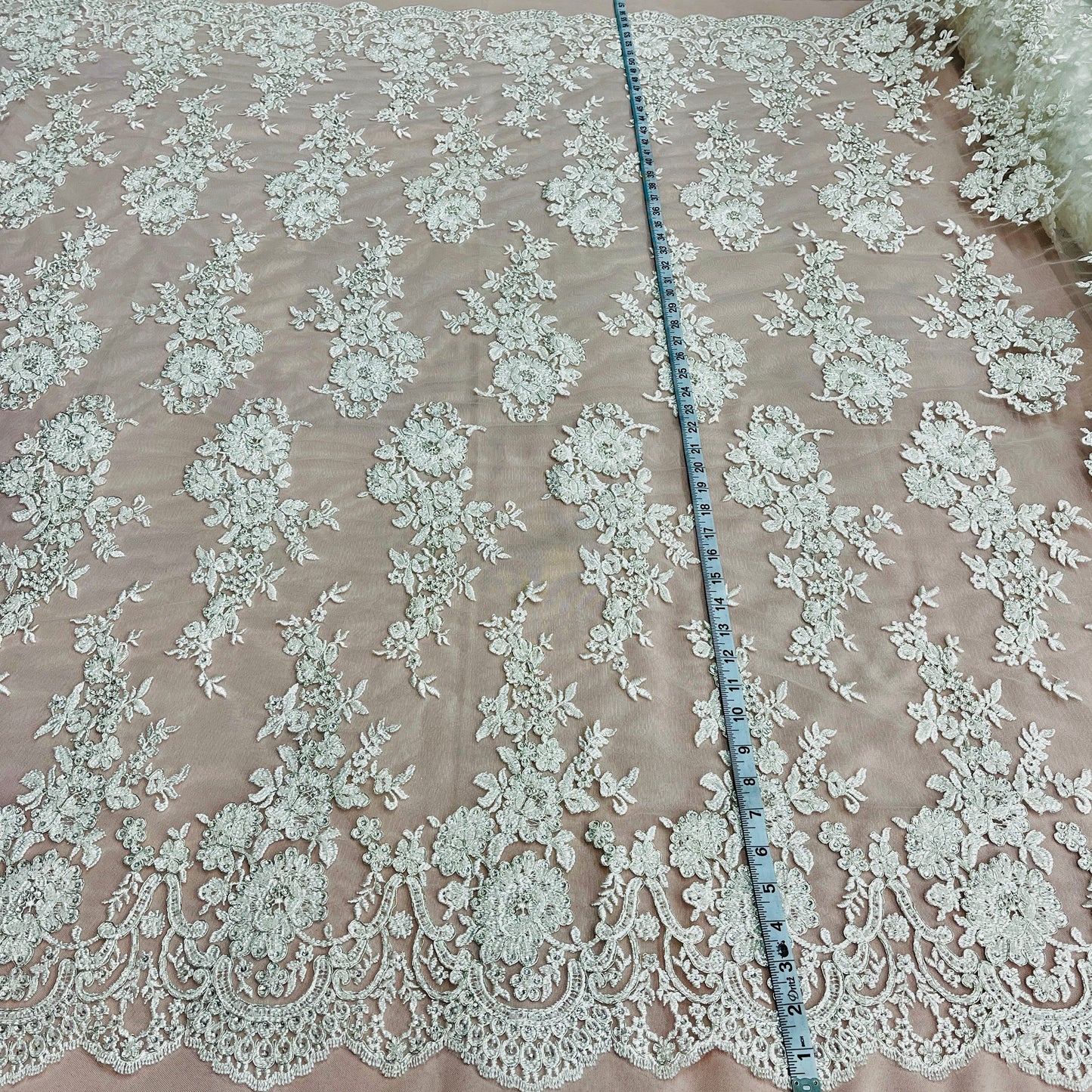 Beaded & Corded Bridal Lace Fabric Embroidered on 100% Polyester Net Mesh | Lace USA - 96989W-HB-7