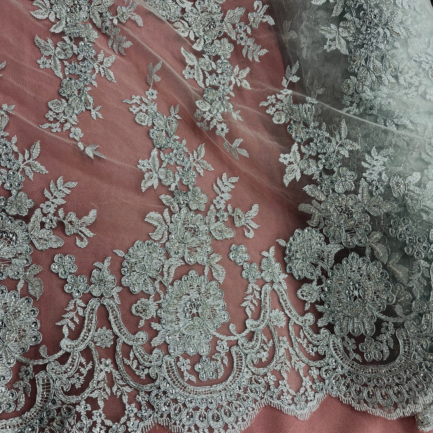 Beaded & Corded Bridal Lace Fabric Embroidered on 100% Polyester Net Mesh | Lace USA - 96989W-HB-2