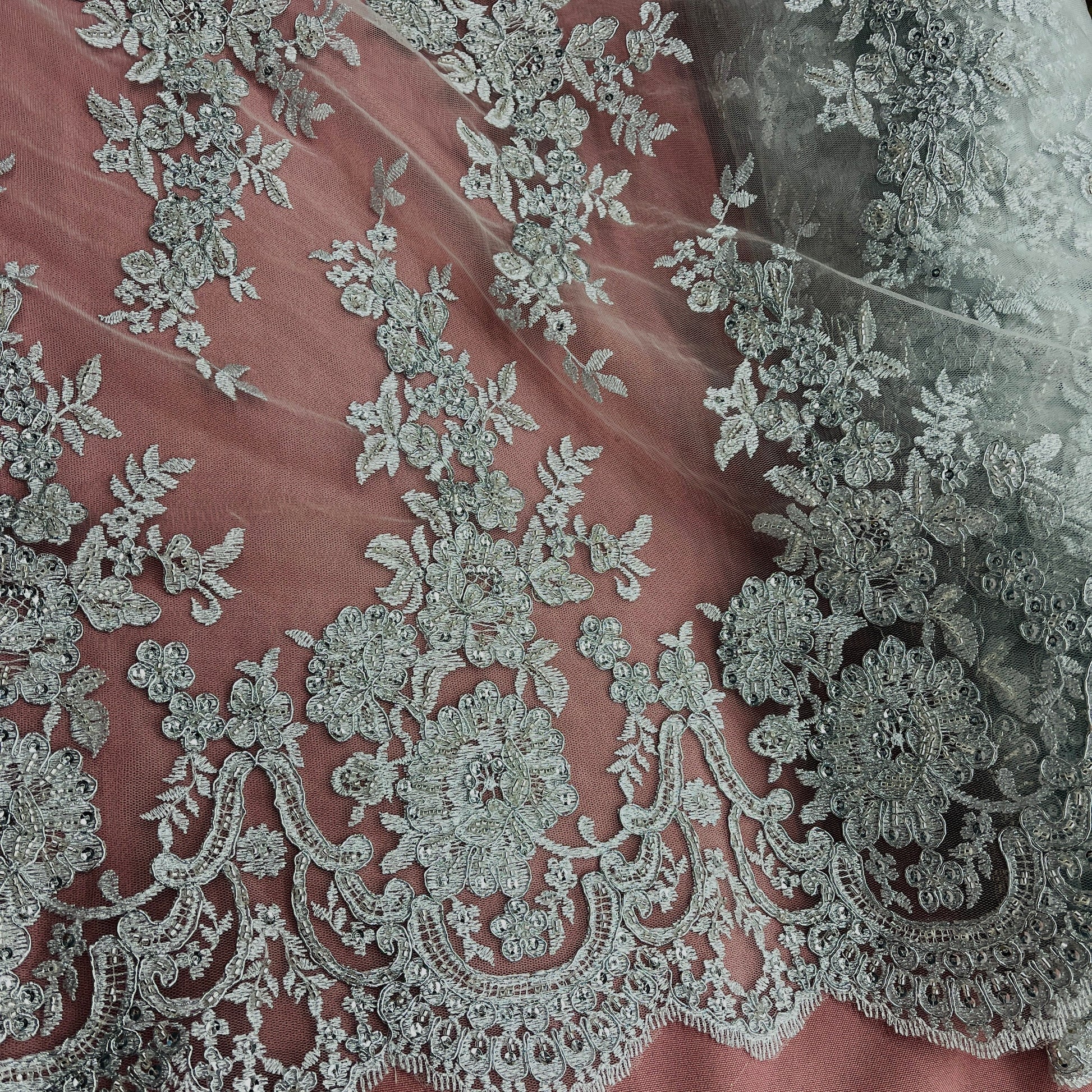 Beaded & Corded Bridal Lace Fabric Embroidered on 100% Polyester Net Mesh | Lace USA - 96989W-HB-2