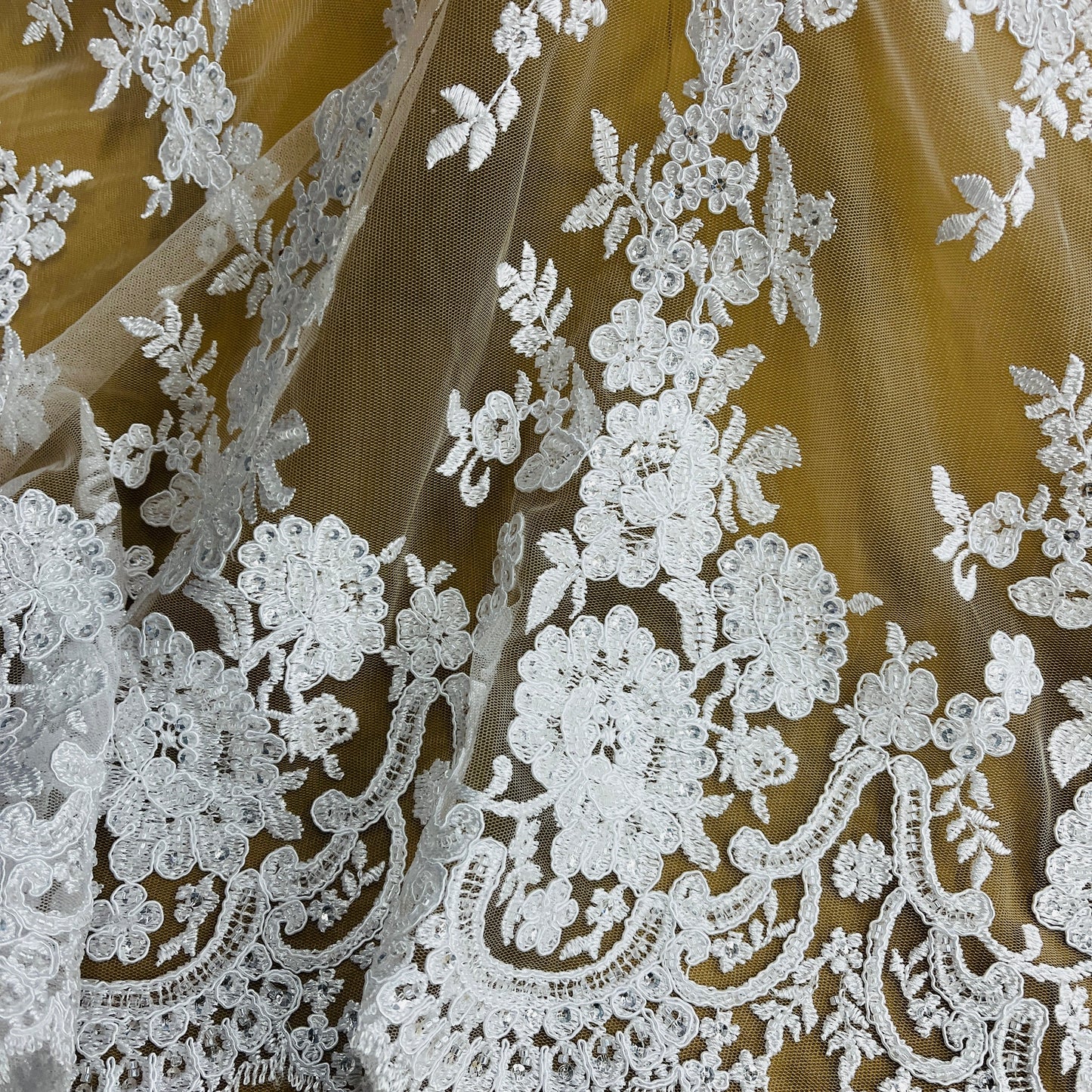 Beaded & Corded Bridal Lace Fabric Embroidered on 100% Polyester Net Mesh | Lace USA - 96989W-HB-4