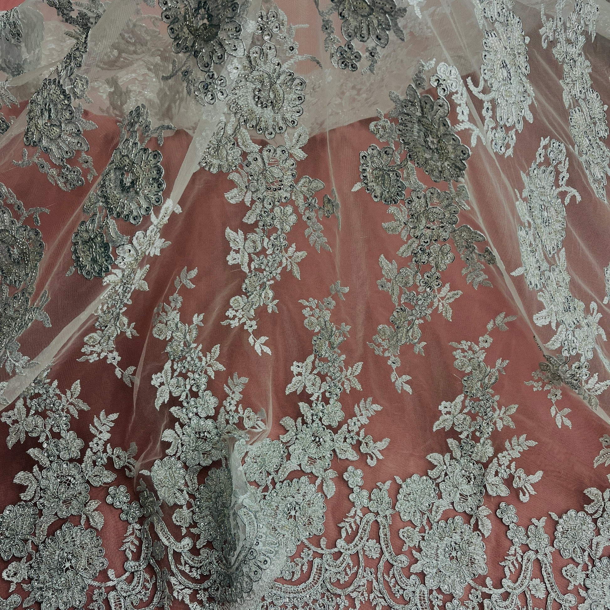 Beaded & Corded Bridal Lace Fabric Embroidered on 100% Polyester Net Mesh | Lace USA - 96989W-HB-1